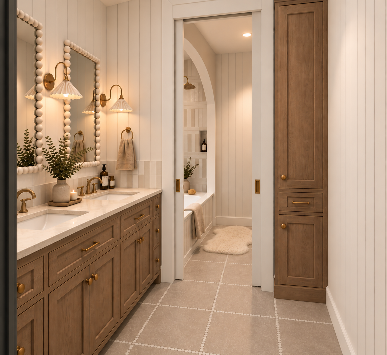 Basement bathroom with an oak double vanity, beaded mirrors and a tub behind a pocket door