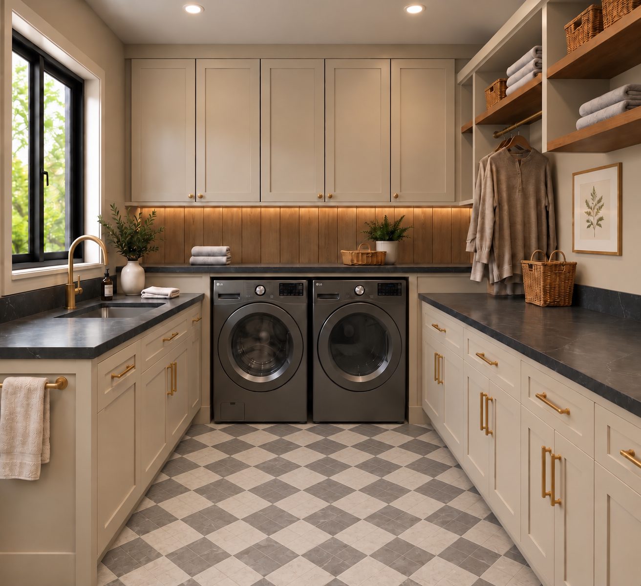 Laundry room with greige cabinetry and checkered tile floor