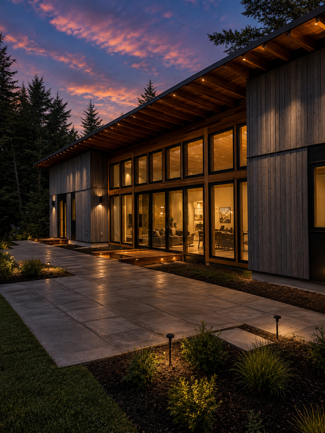 Modern addition with cedar soffits, black-framed glass and warm interior lighting at dusk