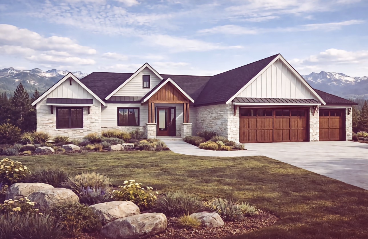 Custom ranch home with stone, white siding and wood garage doors
