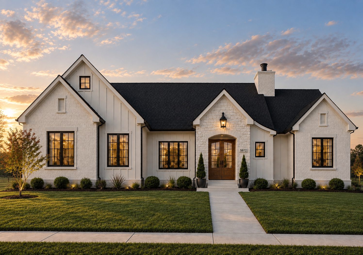 White brick and stone front elevation with a timber double door under a stone arch