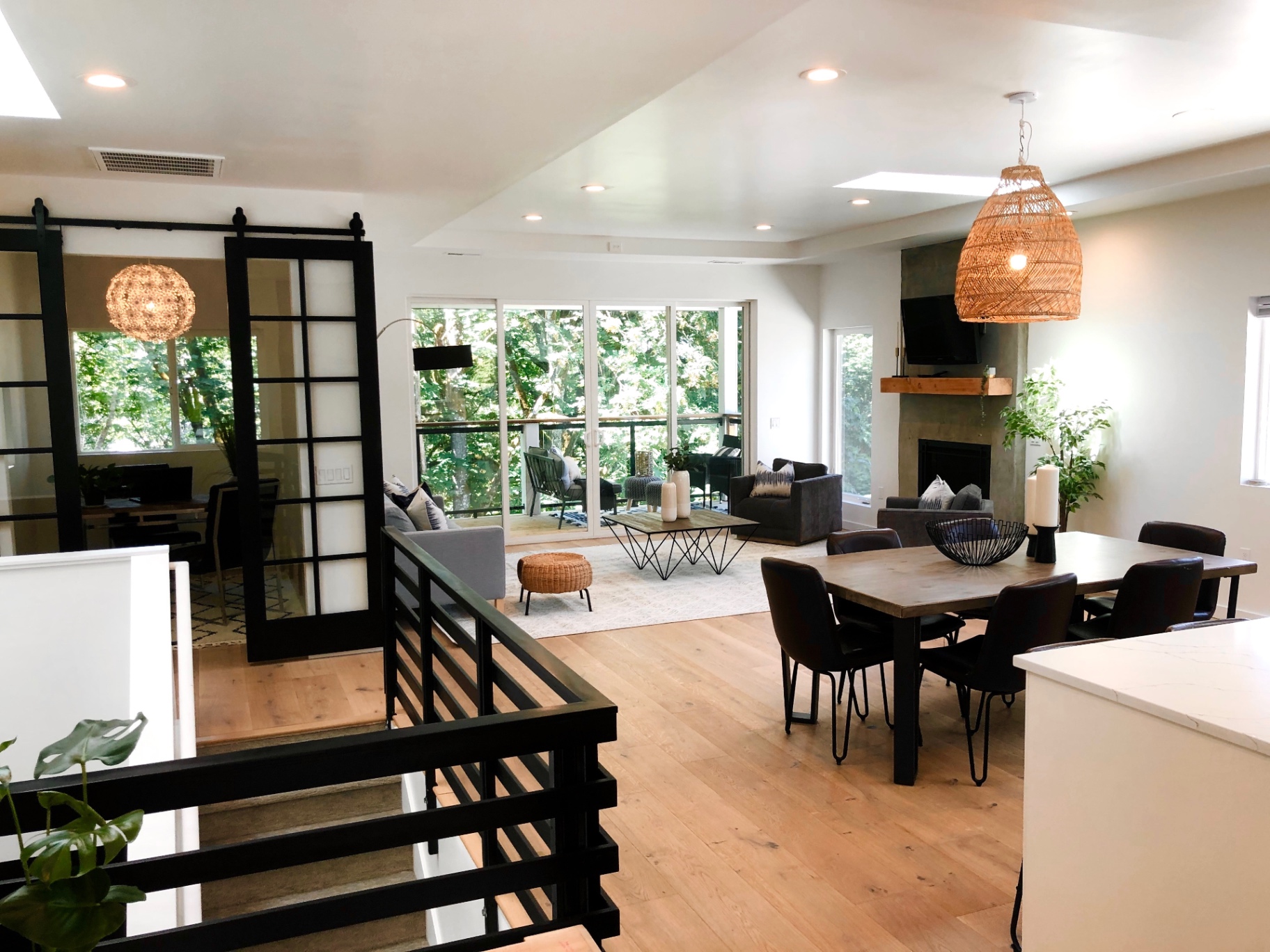 Open living and dining space with custom built-in millwork