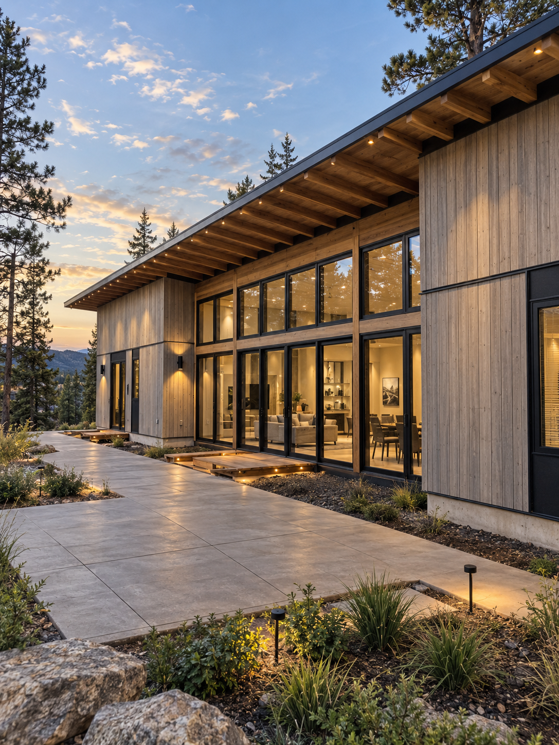 Modern commercial elevation with cedar cladding, deep overhangs and full-height glazing