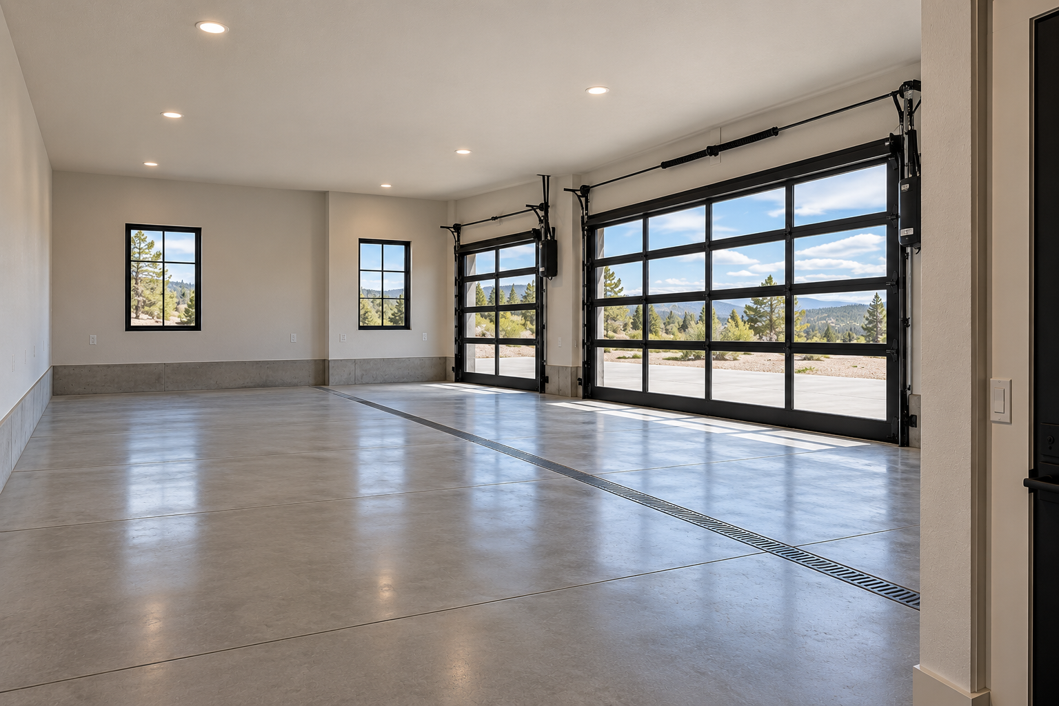 Three car garage with polished concrete floors, glass panel doors and windows to the hills
