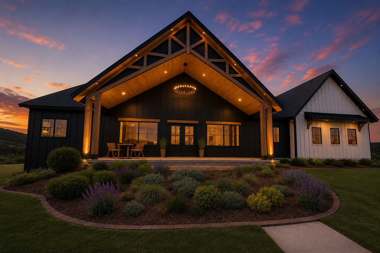 Custom home entry with black board-and-batten siding, timber trusses and stained tongue-and-groove ceiling