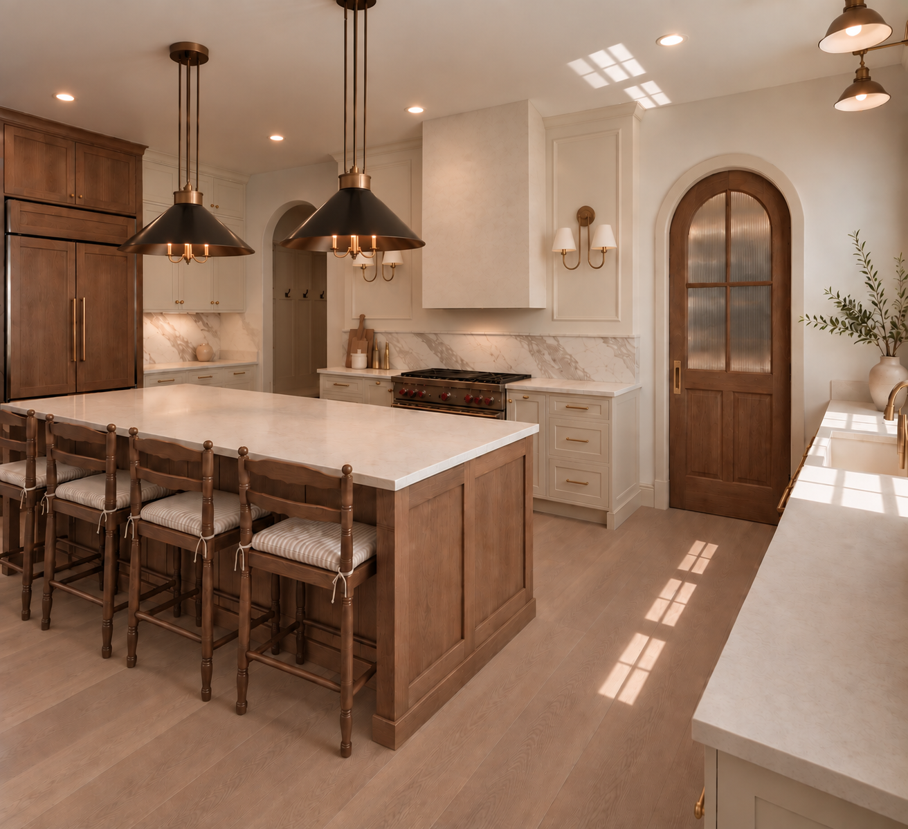 Kitchen island looking toward the dining area and rear doors