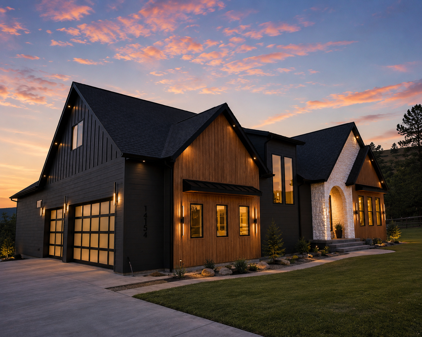 Custom home with black siding, timber entry and white stone gable at dusk