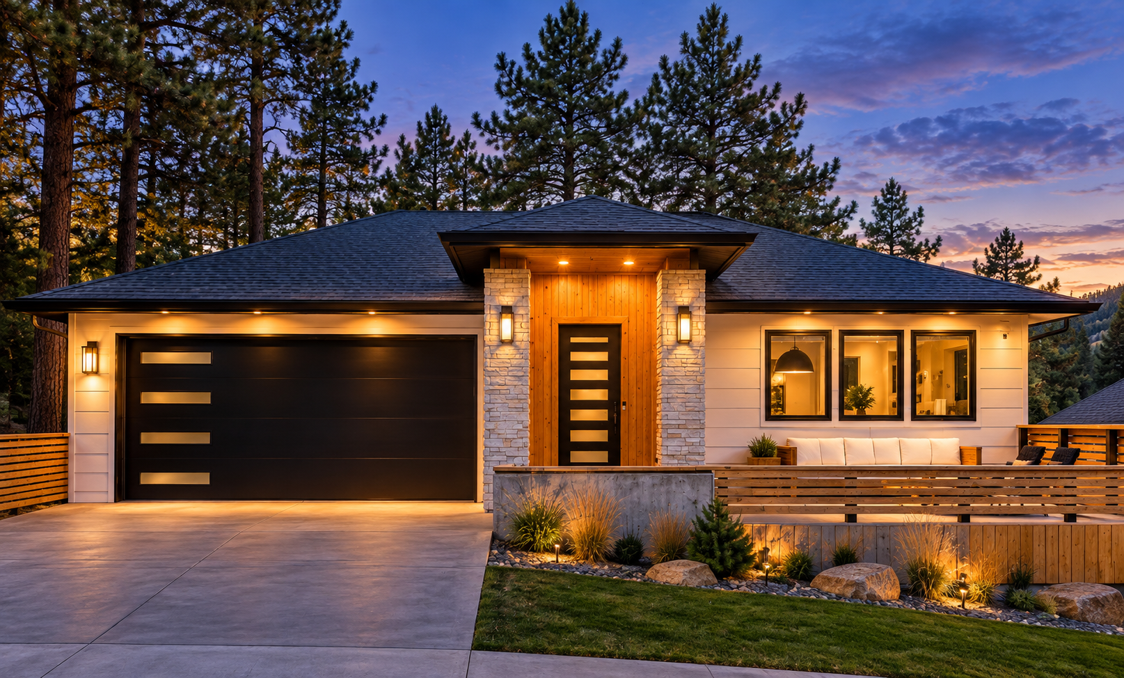 Single-story custom home at dusk with stone entry columns, warm wood entry and black garage door