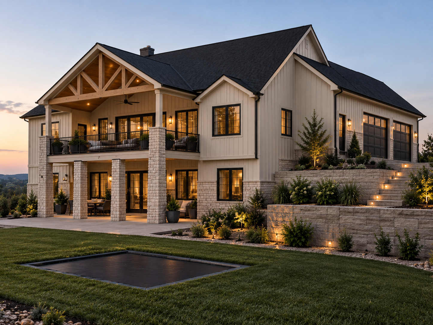 Rear three quarter view at dusk of the timber gable porch, balcony and lit stone stairs