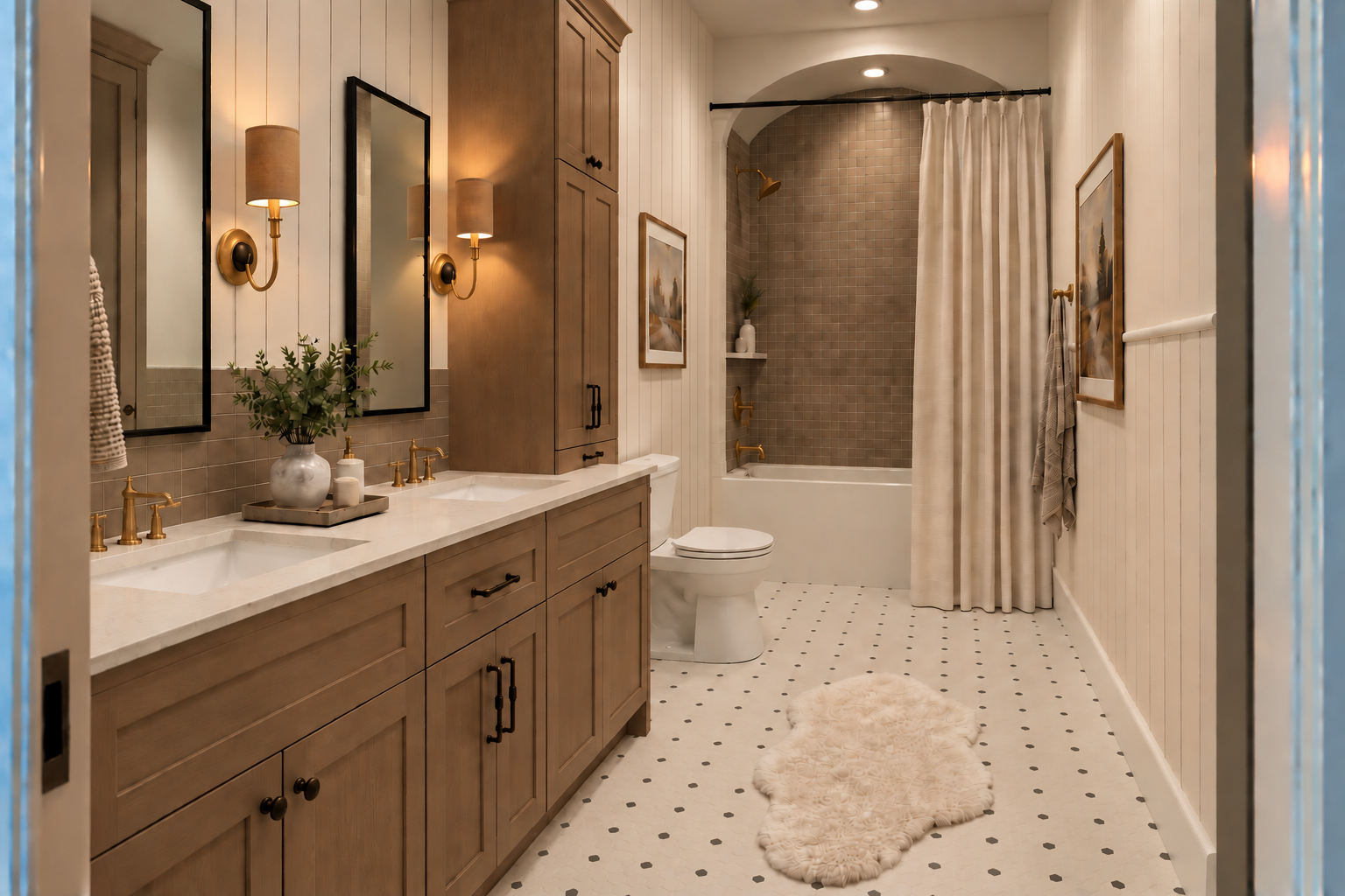 Basement bathroom with an oak vanity, arched tub alcove and dotted tile floor