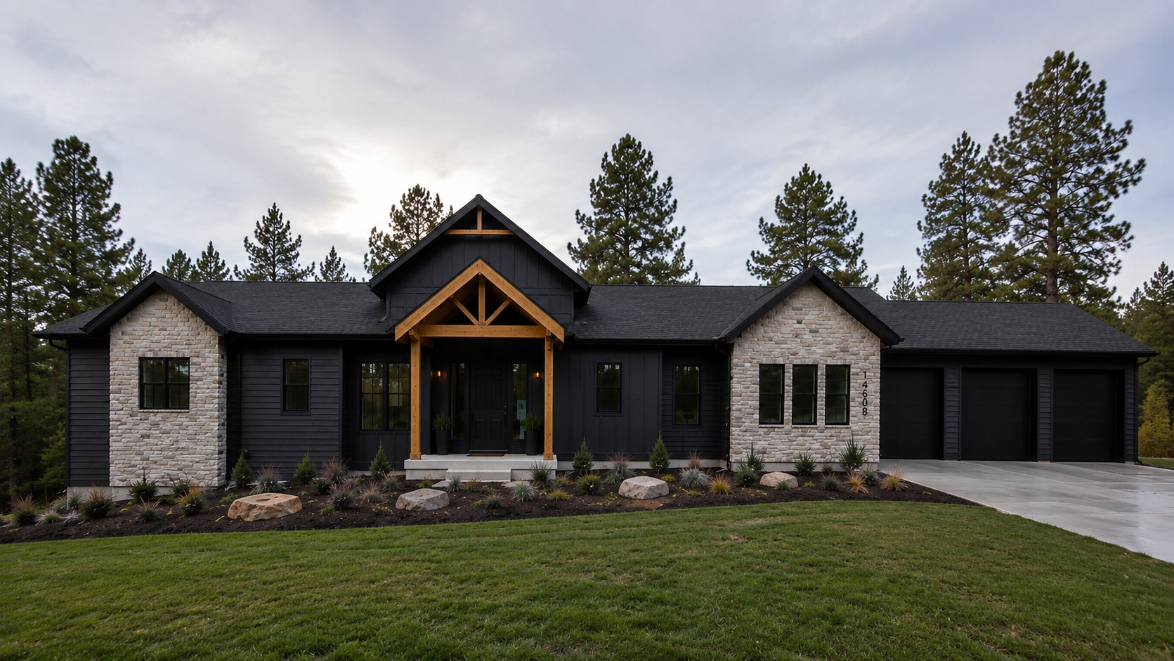 Custom ranch home with black board-and-batten siding, stone accents and a timber entry truss