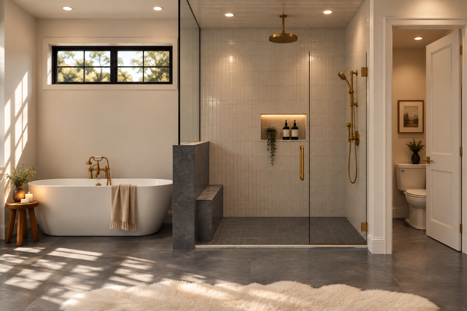 Freestanding tub beside a glass walk in shower with brass fixtures