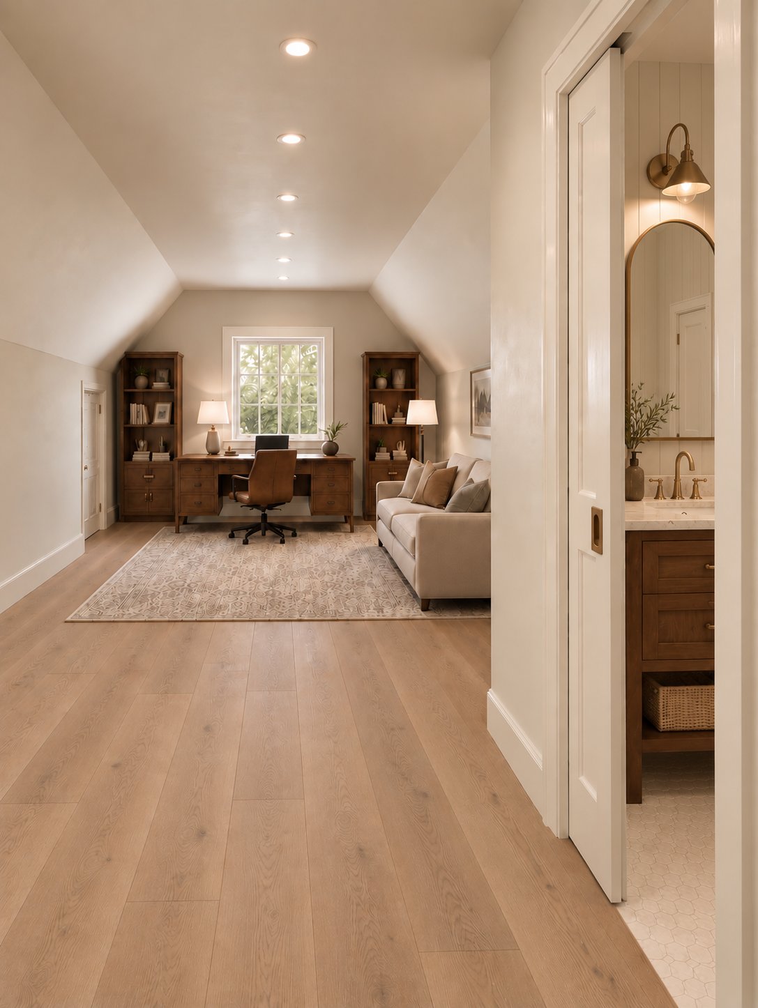 Vaulted loft office with desk, built in bookcases and sofa