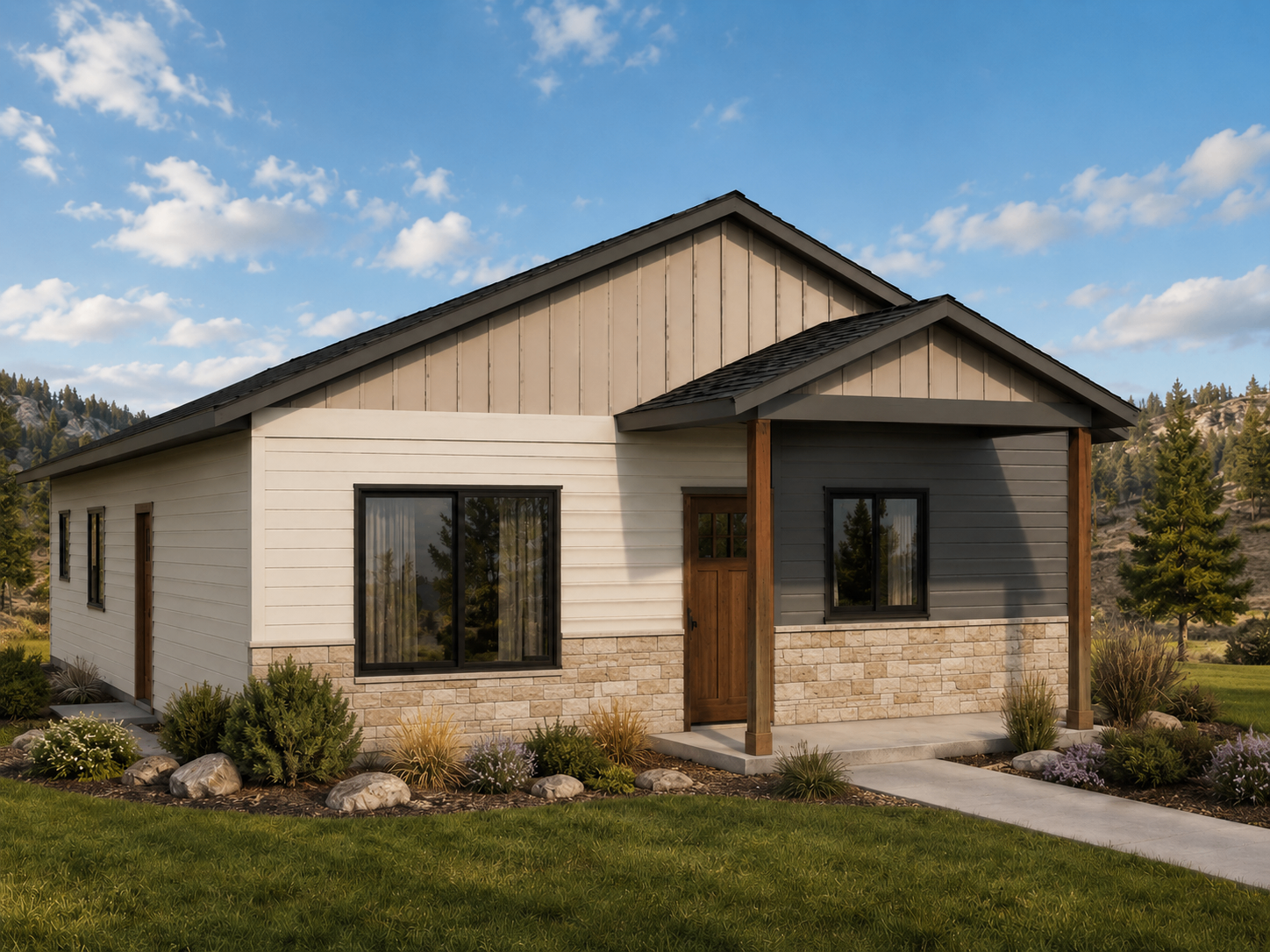 Single-story custom home with white siding, stone wainscot, timber porch and charcoal accents