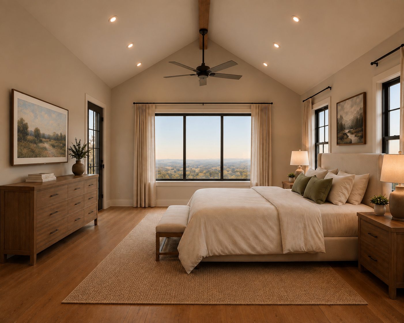 Vaulted primary bedroom with a picture window