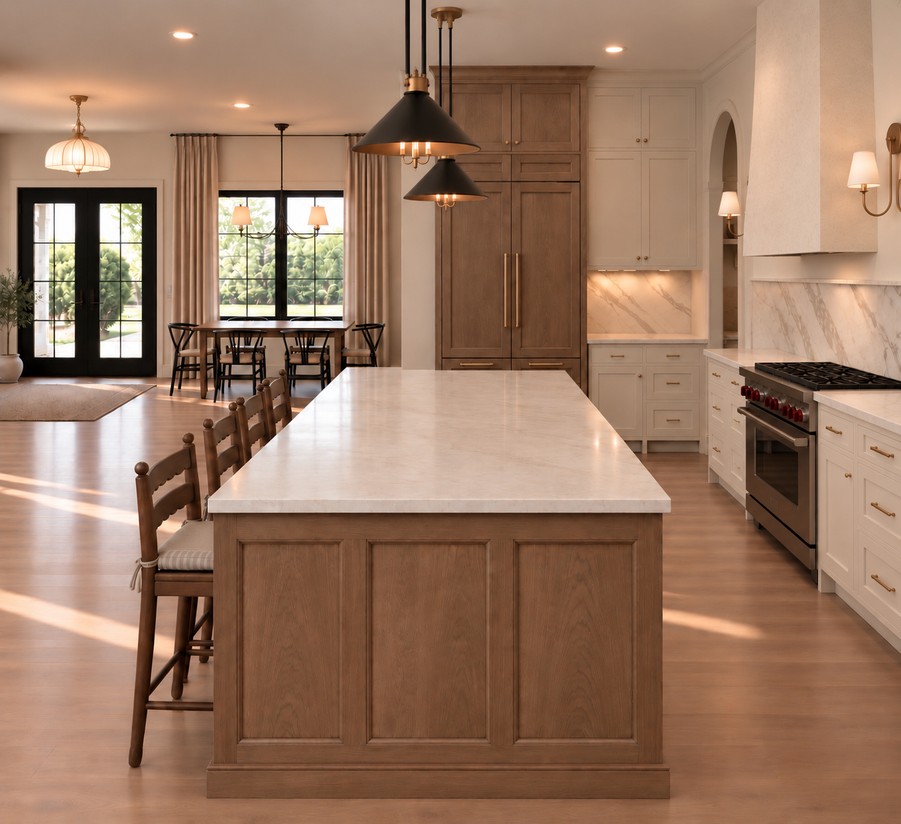 Oak kitchen island with black pendants and plaster range hood