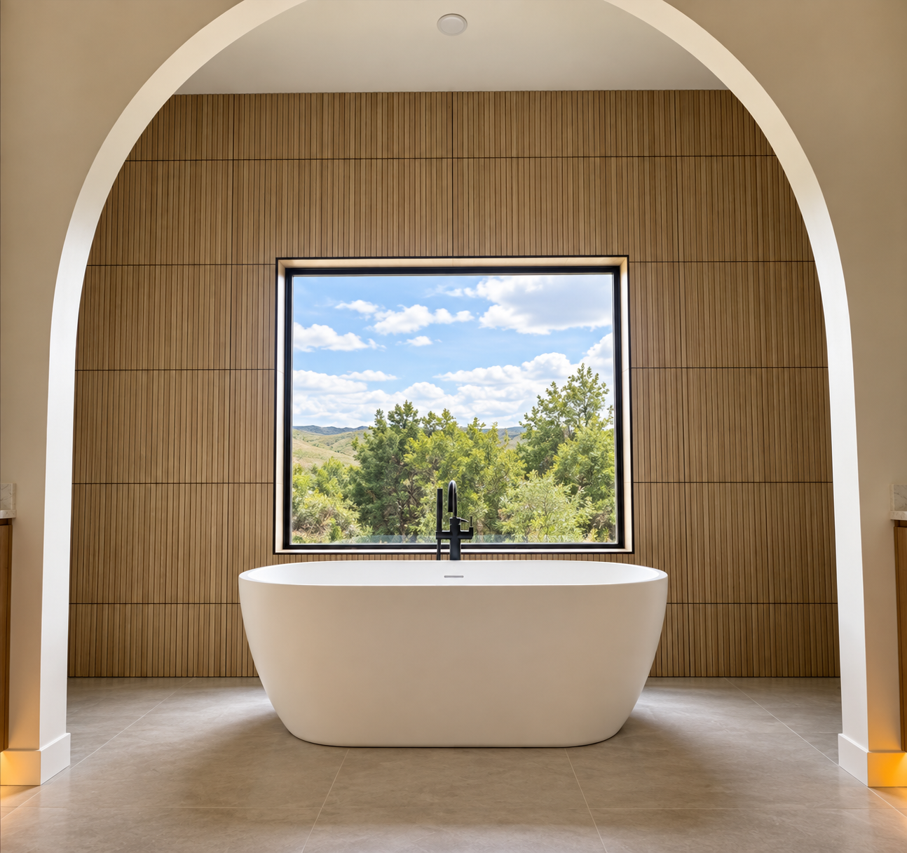 Primary bath with a freestanding tub beneath an arched opening, wood slat wall and a window to the hills