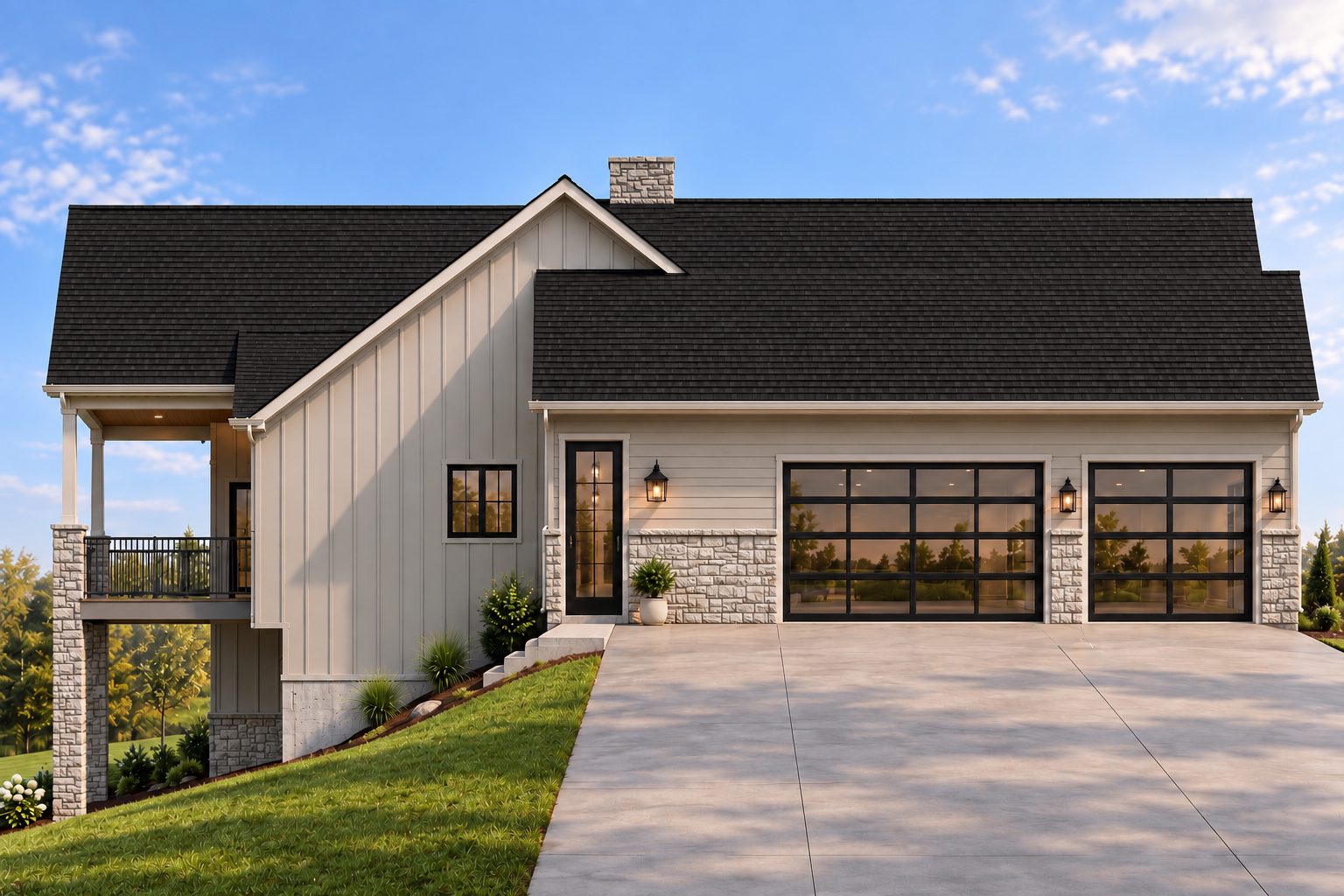 Glass panel garage doors on stone bases with lantern lighting