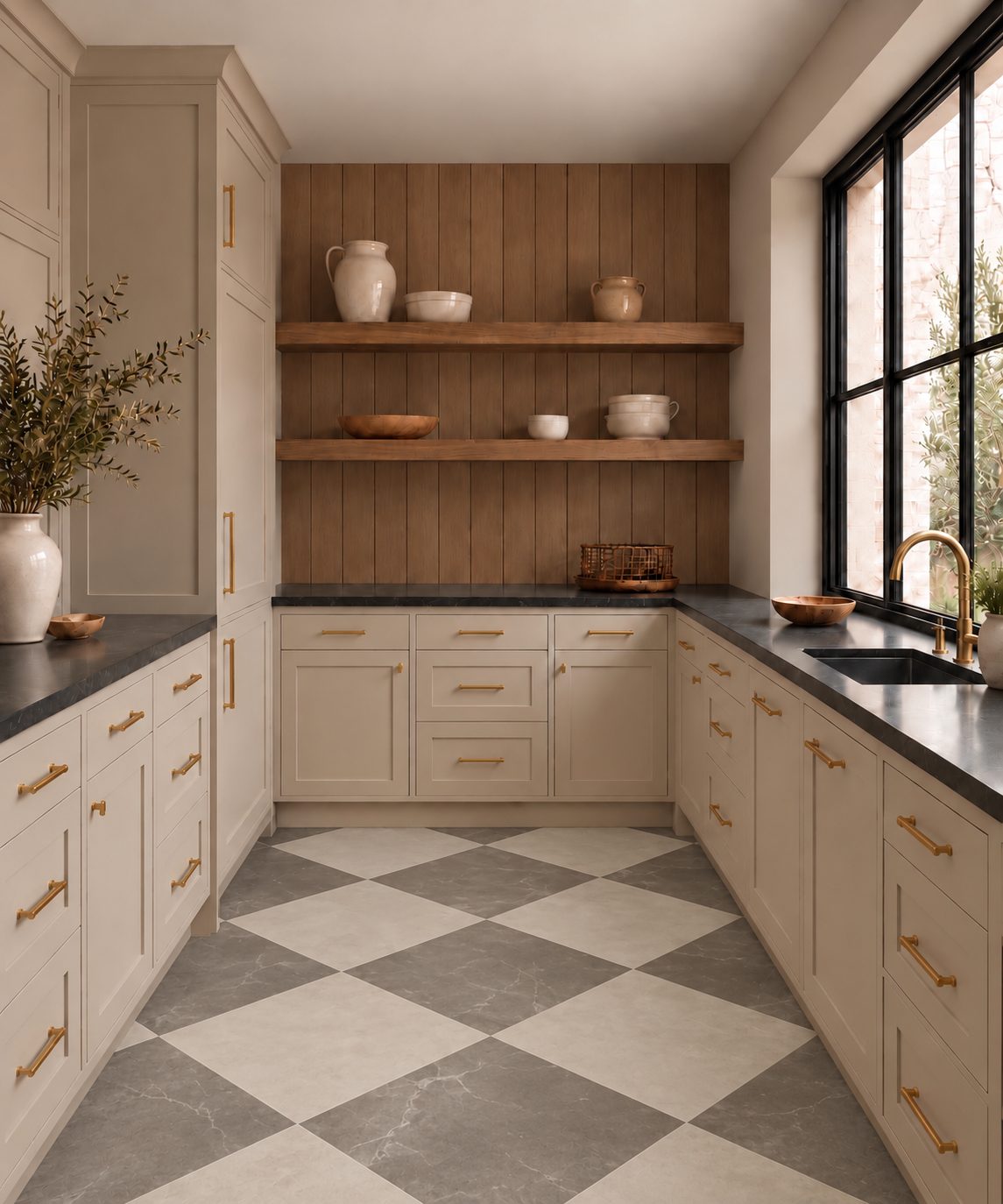 Walk in pantry with open walnut shelving and a prep counter