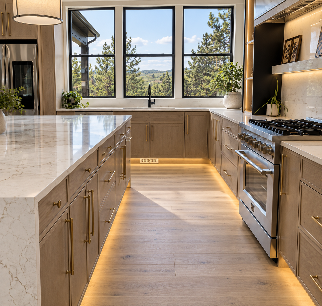 Kitchen with light oak cabinetry, brass hardware, white quartz island and under cabinet lighting facing the windows