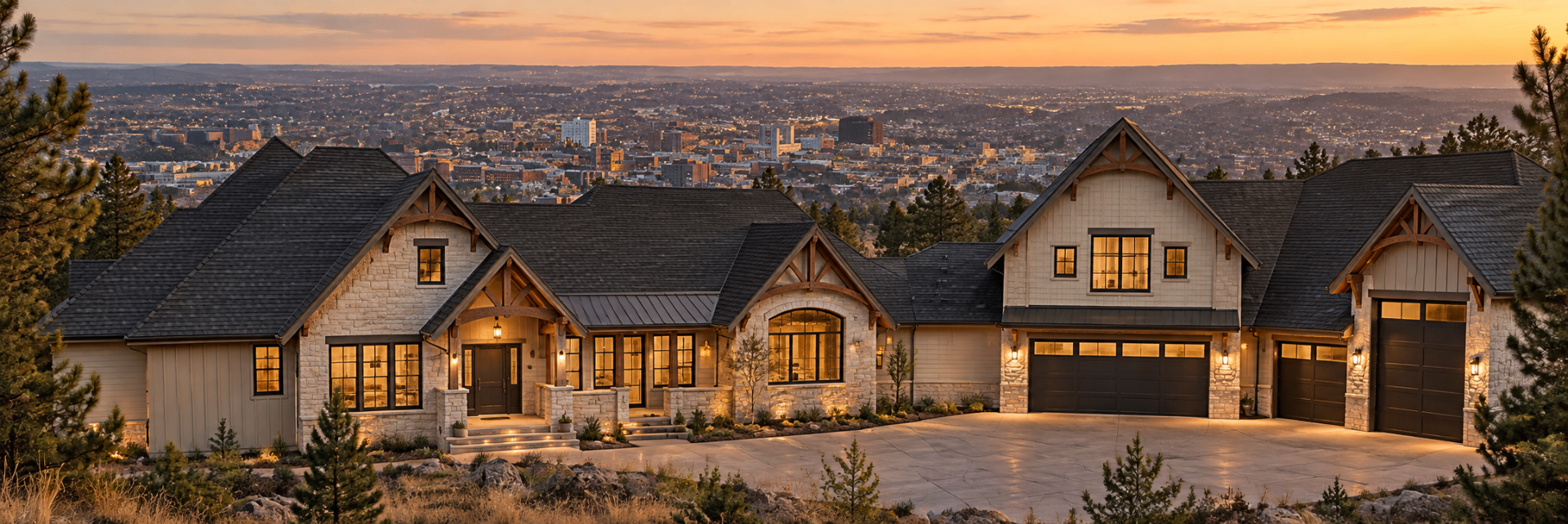 Front exterior of the Pevan's Pkwy home at dusk with light stone, timber gables and a three-car garage above the Rapid City skyline