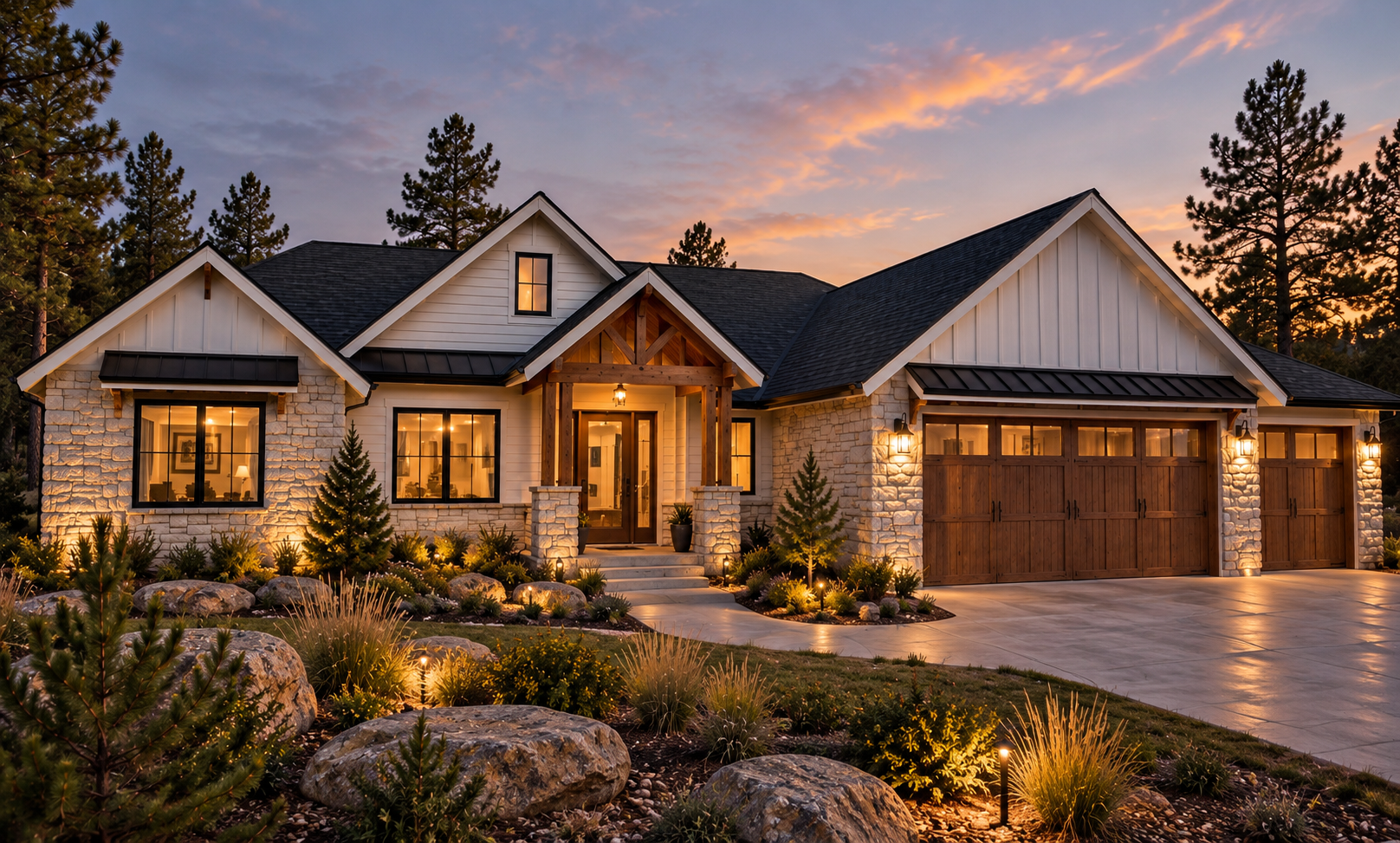 Single story custom home at dusk with white siding, stone wainscot, timber porch and charcoal accents
