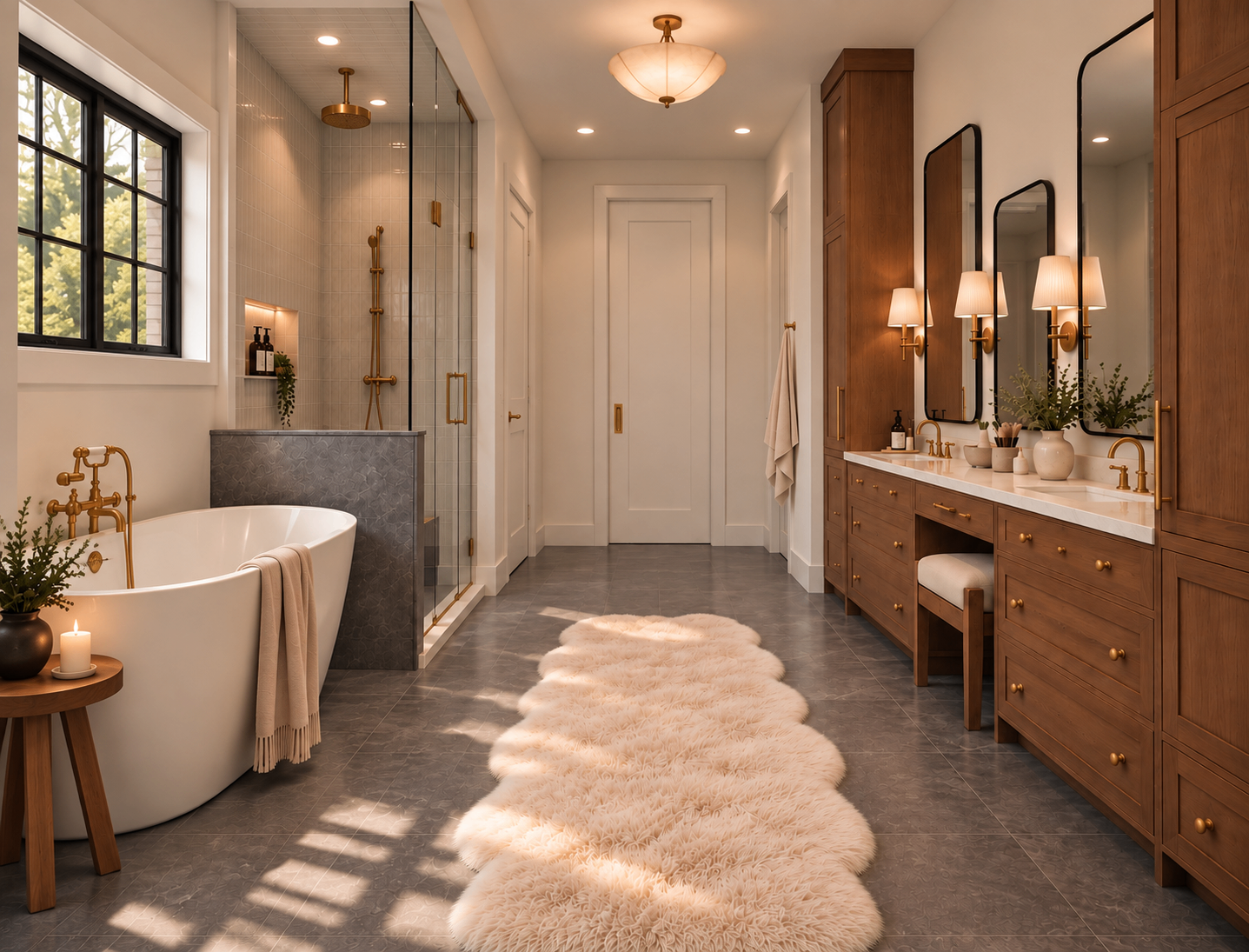 Primary bath with a freestanding tub, walk in shower and warm wood vanity