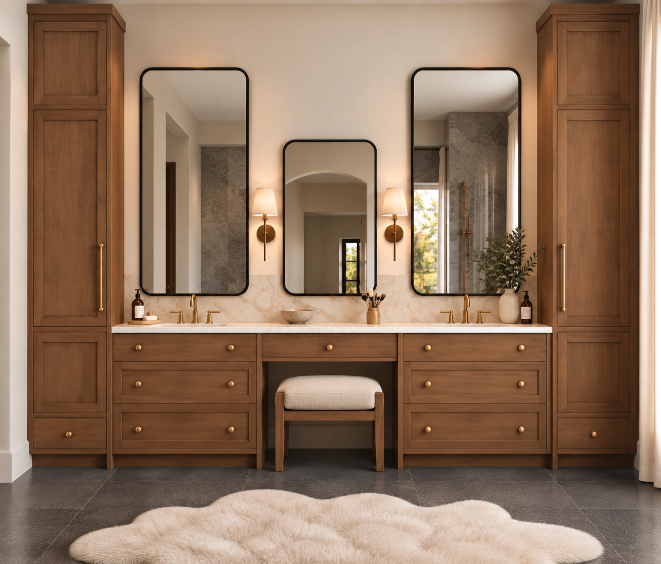 Warm wood double vanity with a makeup counter and brass mirrors