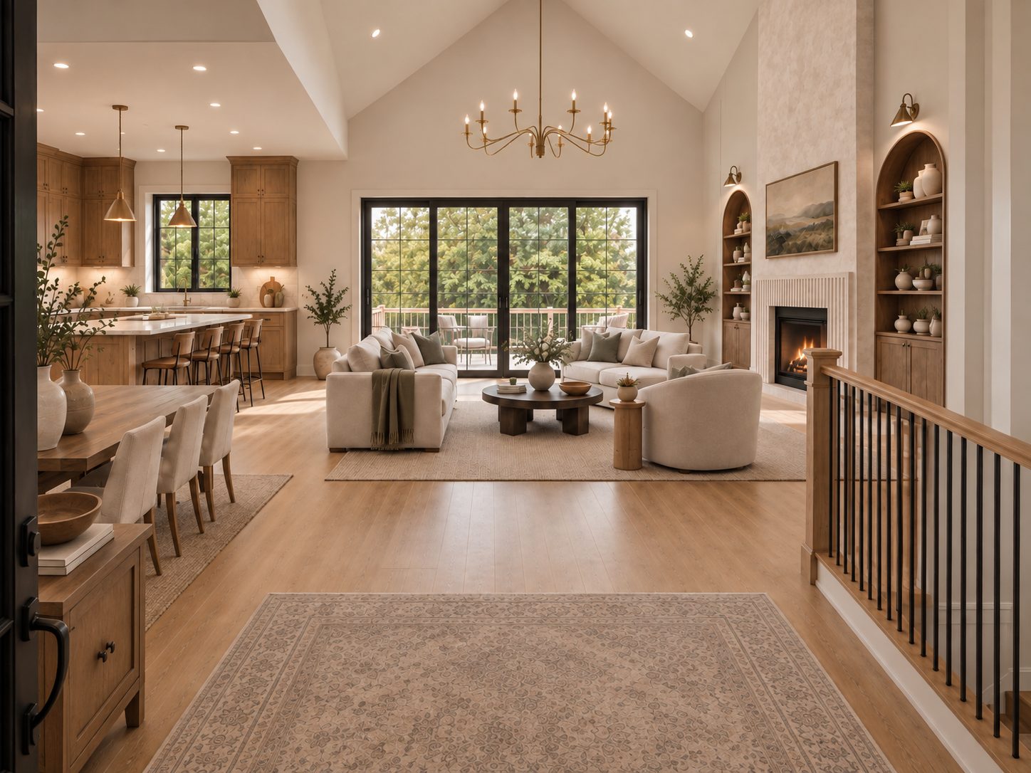 Open view from the entry through dining and living to the rear deck