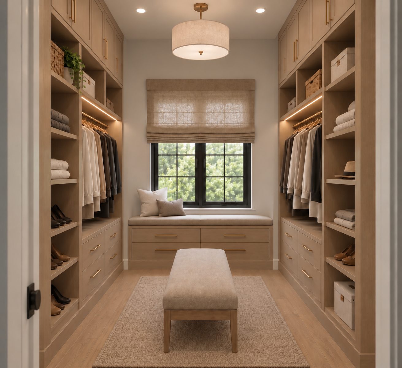 White oak walk in closet with a window seat