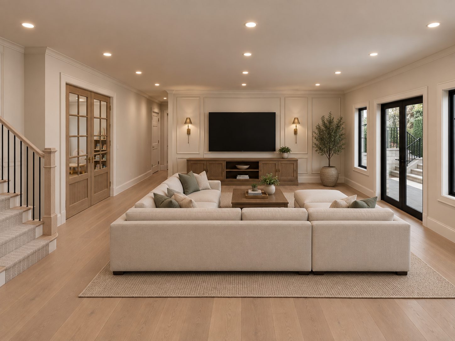 Lower level family room with oak media console and sectional