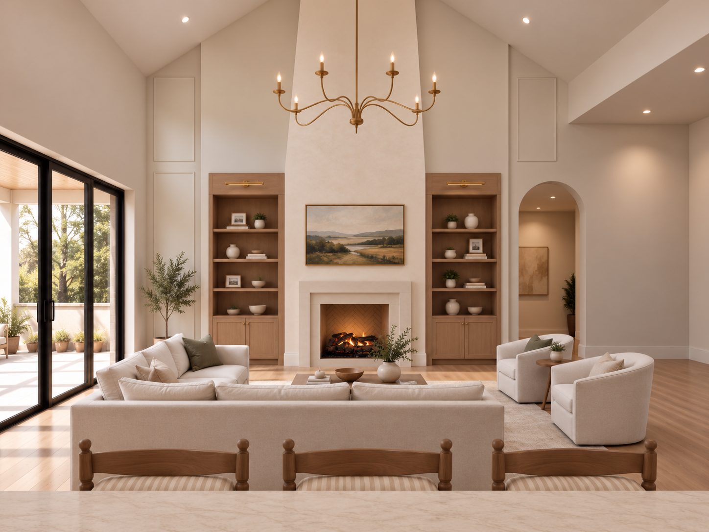 Vaulted great room with plaster fireplace and oak built ins