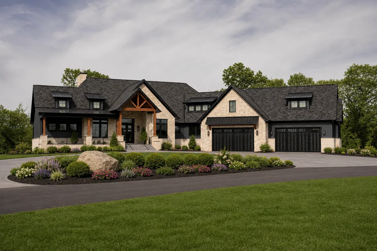 Expansive custom home with mixed stone and black siding and multiple gables