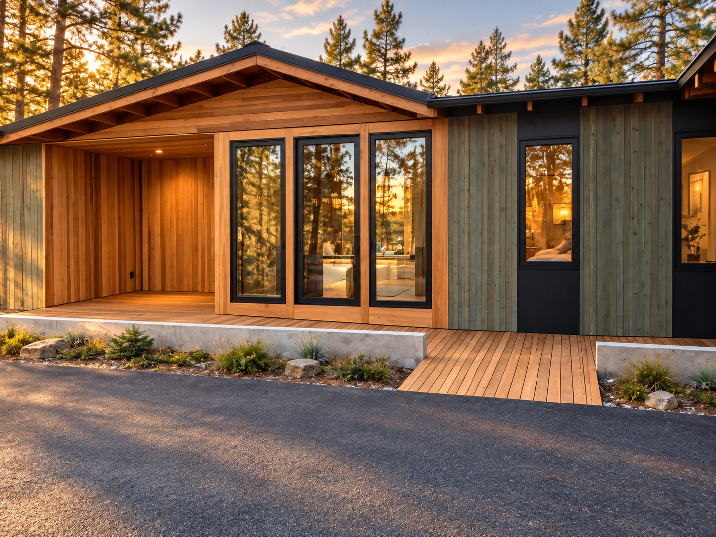 Cedar-clad entry with covered gable porch, black-framed glass doors and board-formed concrete planters at golden hour