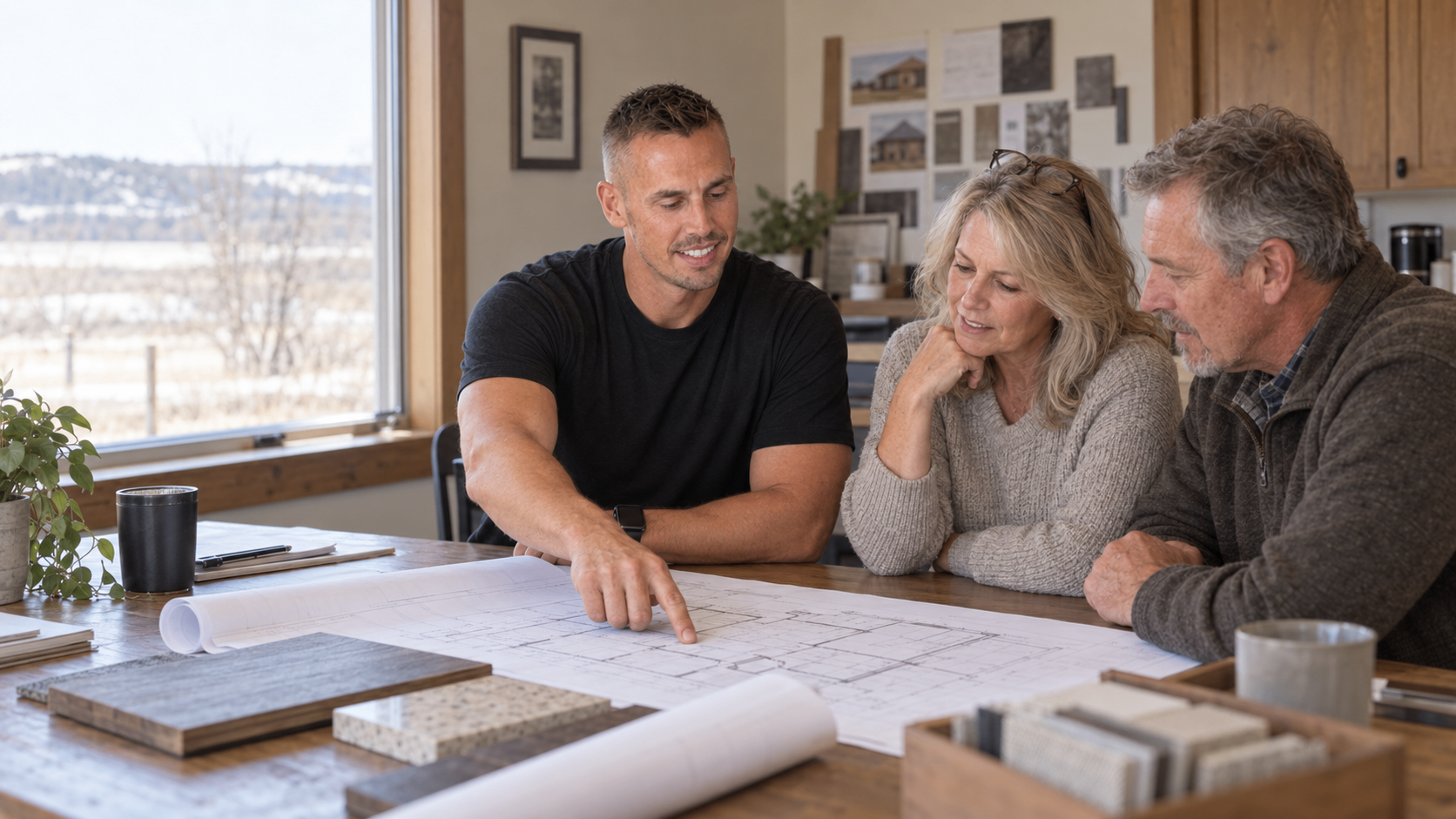 Newhouse Builds team reviewing floor plans with homeowners