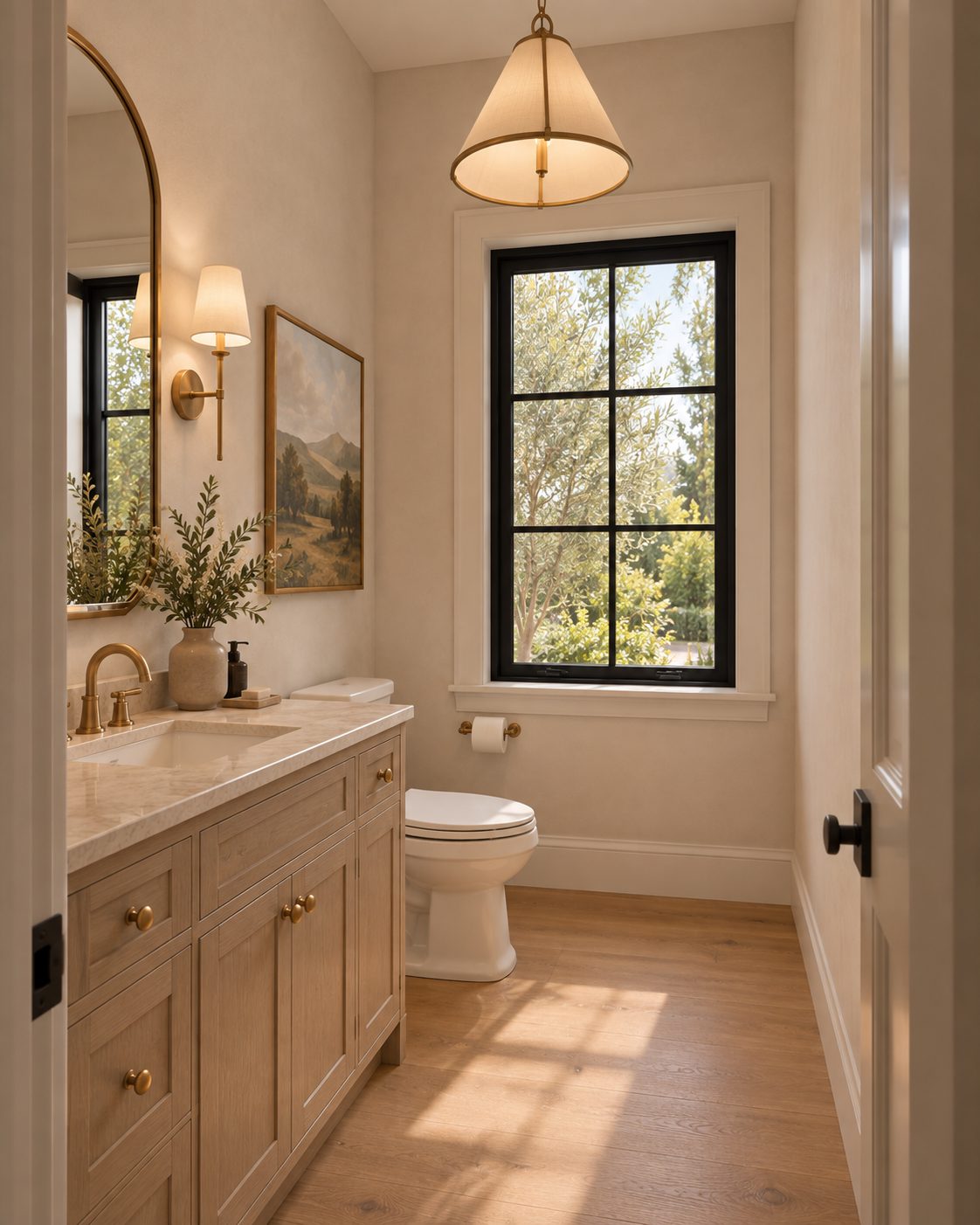 Powder room with oak vanity and arched brass mirror