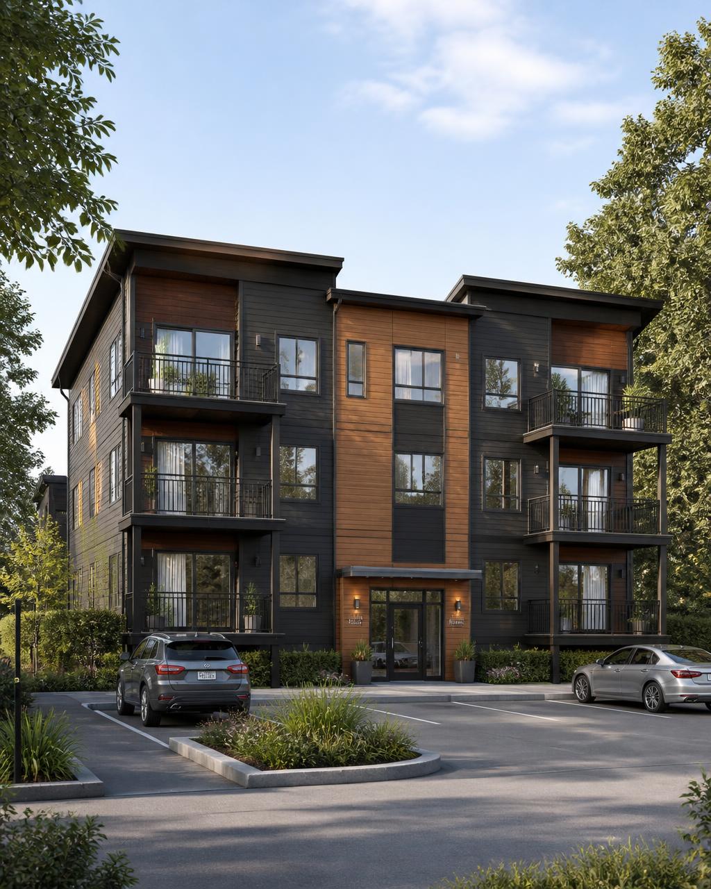 Rendering of a three-story sixplex apartment building with balconies and parking court