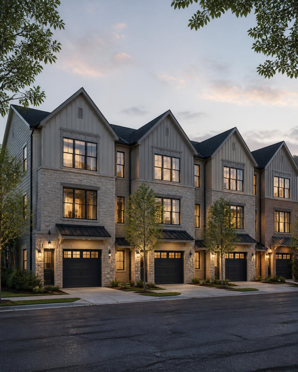 Rendering of attached townhomes at dusk with stone facades and private garages