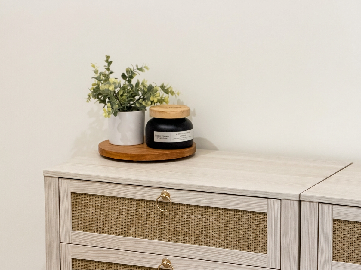 Light wood cabinetry with woven drawer fronts, brass ring pulls and a simple decorative tray